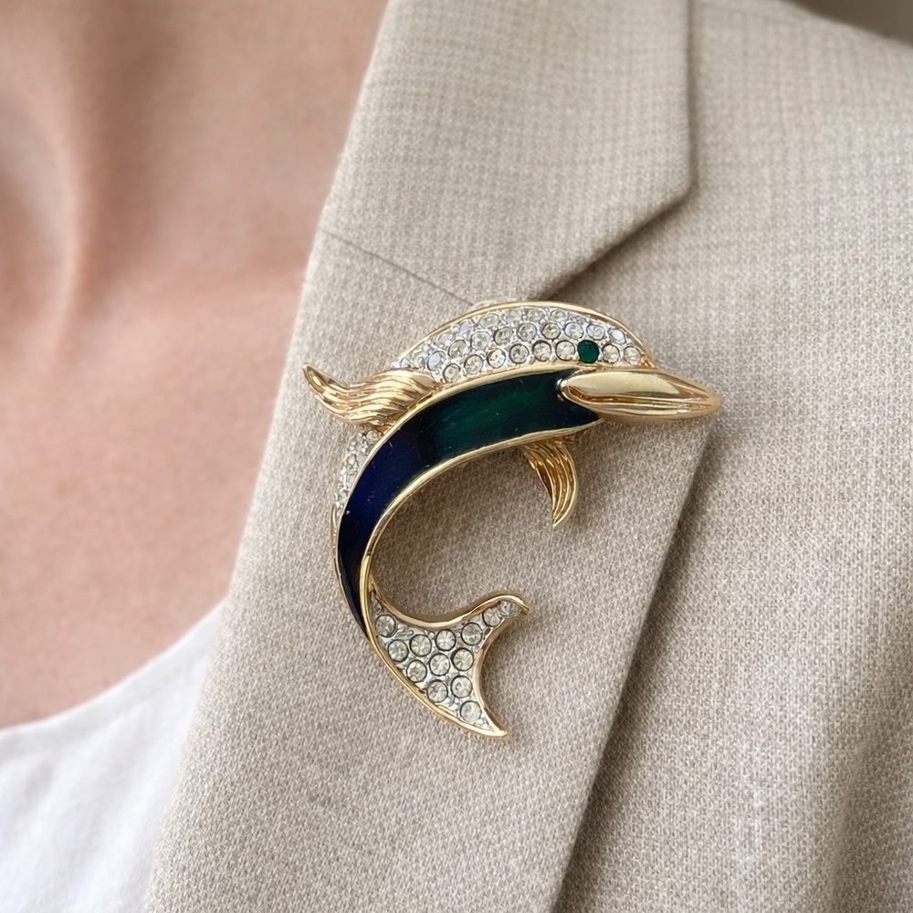Vintage A&S blue Green enamel Dolphin Brooch rhinestone nautical pin